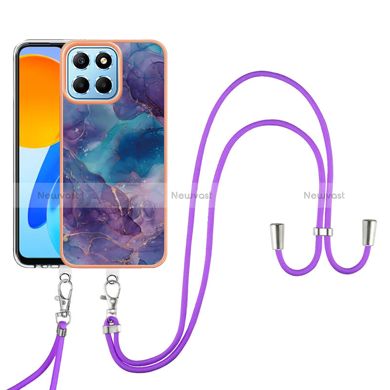 Silicone Candy Rubber Gel Fashionable Pattern Soft Case Cover with Lanyard Strap Y07B for Huawei Honor 70 Lite 5G Purple