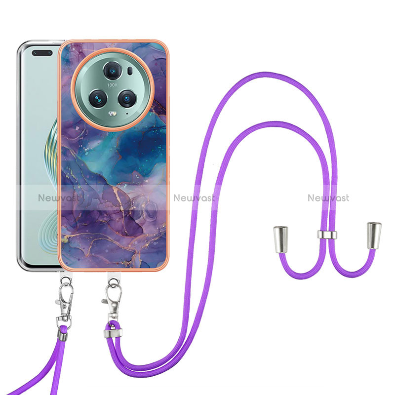 Silicone Candy Rubber Gel Fashionable Pattern Soft Case Cover with Lanyard Strap Y07B for Huawei Honor Magic5 Pro 5G Purple