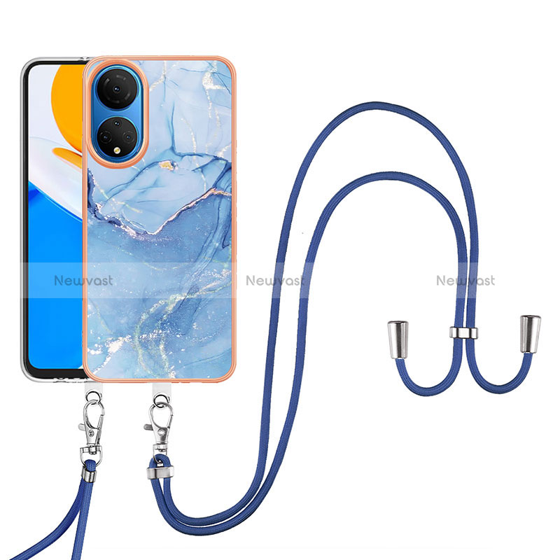 Silicone Candy Rubber Gel Fashionable Pattern Soft Case Cover with Lanyard Strap Y07B for Huawei Honor X7 Blue