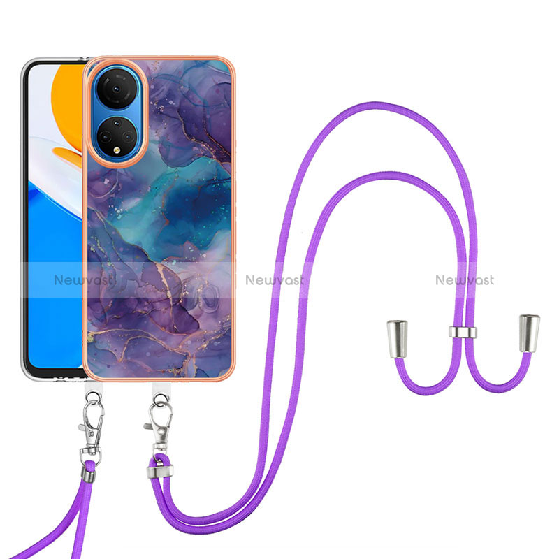 Silicone Candy Rubber Gel Fashionable Pattern Soft Case Cover with Lanyard Strap Y07B for Huawei Honor X7 Purple