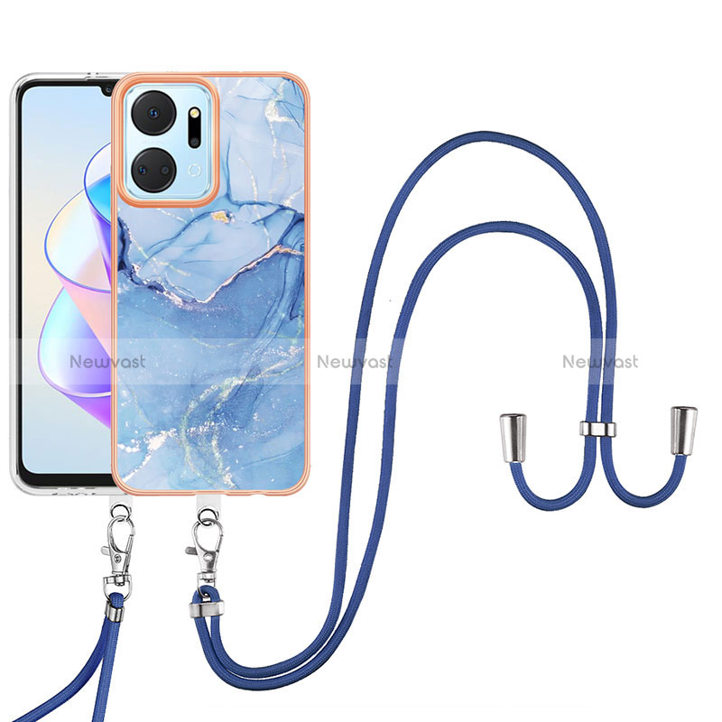 Silicone Candy Rubber Gel Fashionable Pattern Soft Case Cover with Lanyard Strap Y07B for Huawei Honor X7a Blue