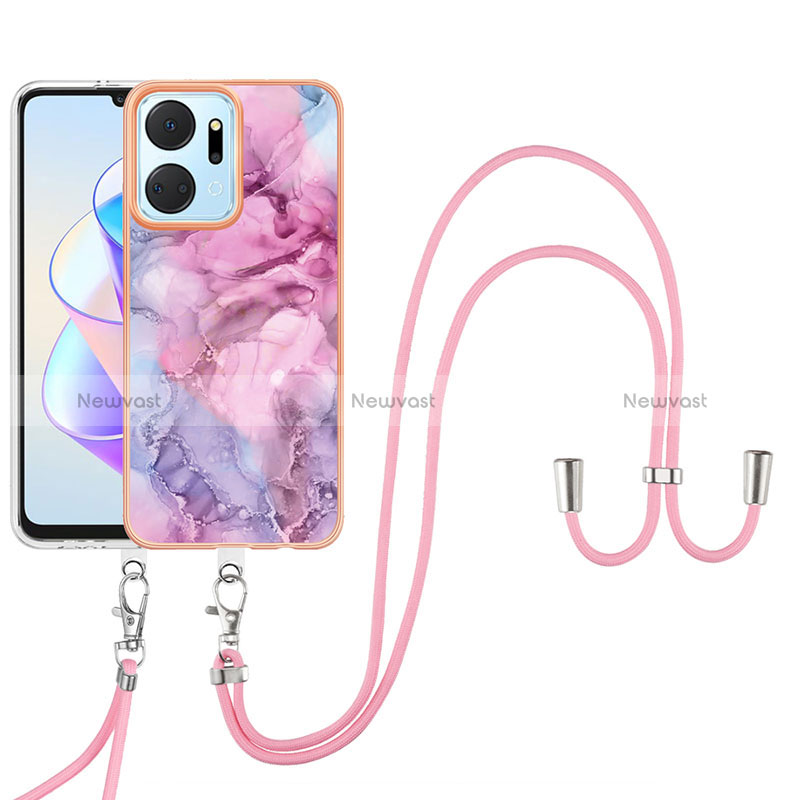 Silicone Candy Rubber Gel Fashionable Pattern Soft Case Cover with Lanyard Strap Y07B for Huawei Honor X7a Clove Purple