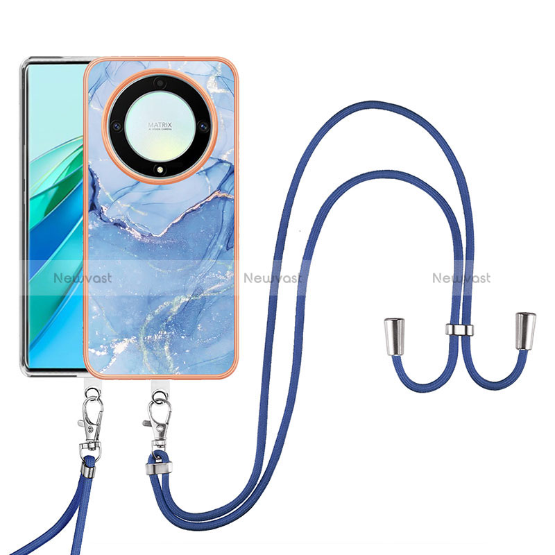 Silicone Candy Rubber Gel Fashionable Pattern Soft Case Cover with Lanyard Strap Y07B for Huawei Honor X9a 5G Blue