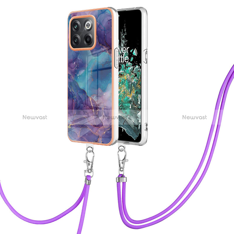 Silicone Candy Rubber Gel Fashionable Pattern Soft Case Cover with Lanyard Strap Y07B for OnePlus 10T 5G Purple