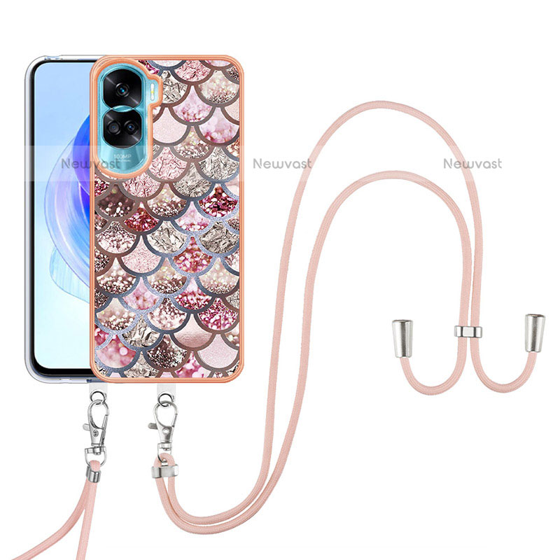 Silicone Candy Rubber Gel Fashionable Pattern Soft Case Cover with Lanyard Strap YB3 for Huawei Honor 90 Lite 5G