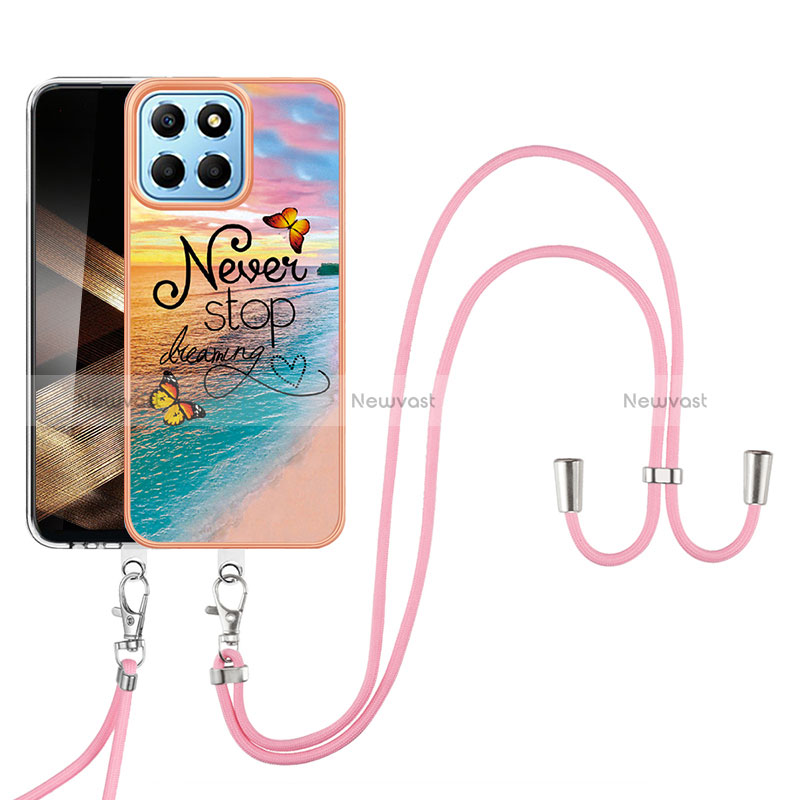 Silicone Candy Rubber Gel Fashionable Pattern Soft Case Cover with Lanyard Strap YB3 for Huawei Honor X8b