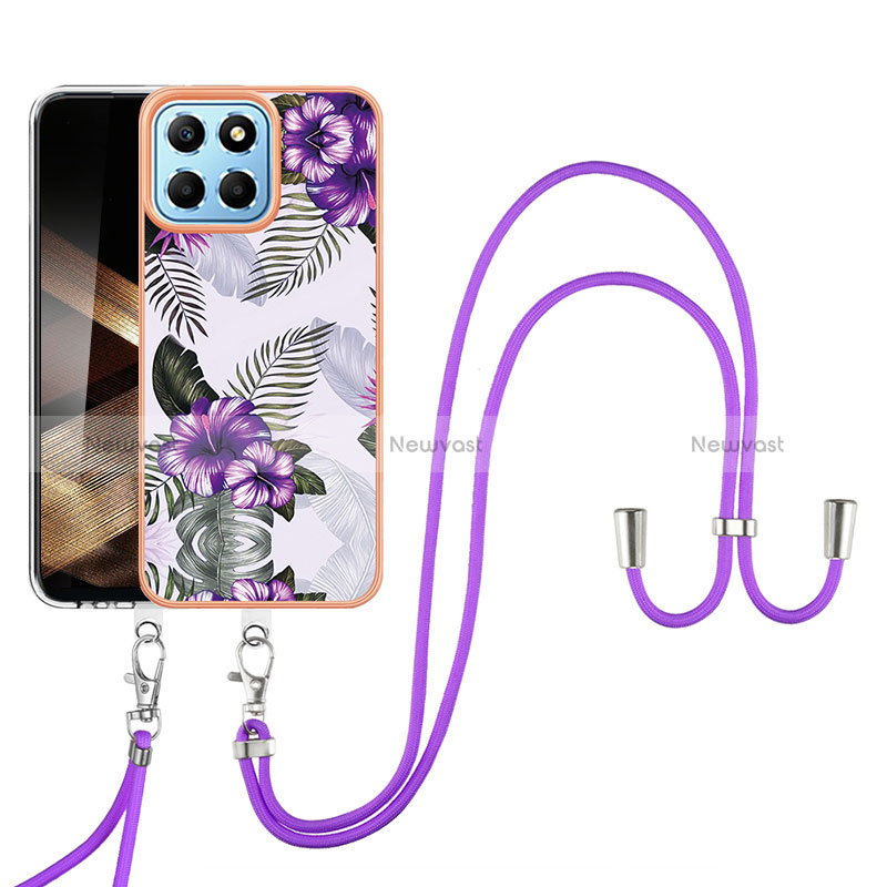 Silicone Candy Rubber Gel Fashionable Pattern Soft Case Cover with Lanyard Strap YB3 for Huawei Honor X8b Purple