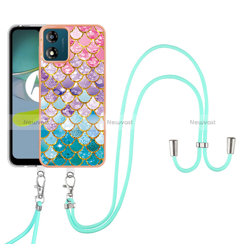 Silicone Candy Rubber Gel Fashionable Pattern Soft Case Cover with Lanyard Strap YB3 for Motorola Moto E13 Colorful