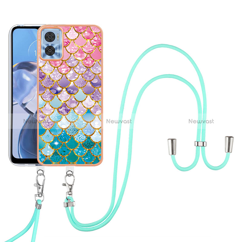 Silicone Candy Rubber Gel Fashionable Pattern Soft Case Cover with Lanyard Strap YB3 for Motorola Moto E22i Colorful