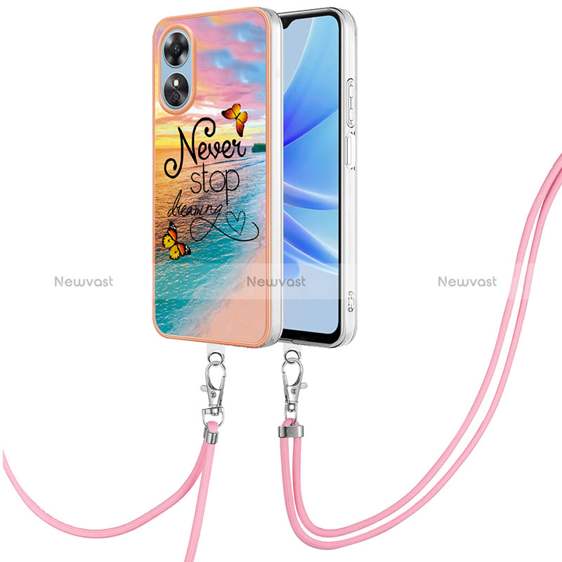 Silicone Candy Rubber Gel Fashionable Pattern Soft Case Cover with Lanyard Strap YB3 for Oppo A17