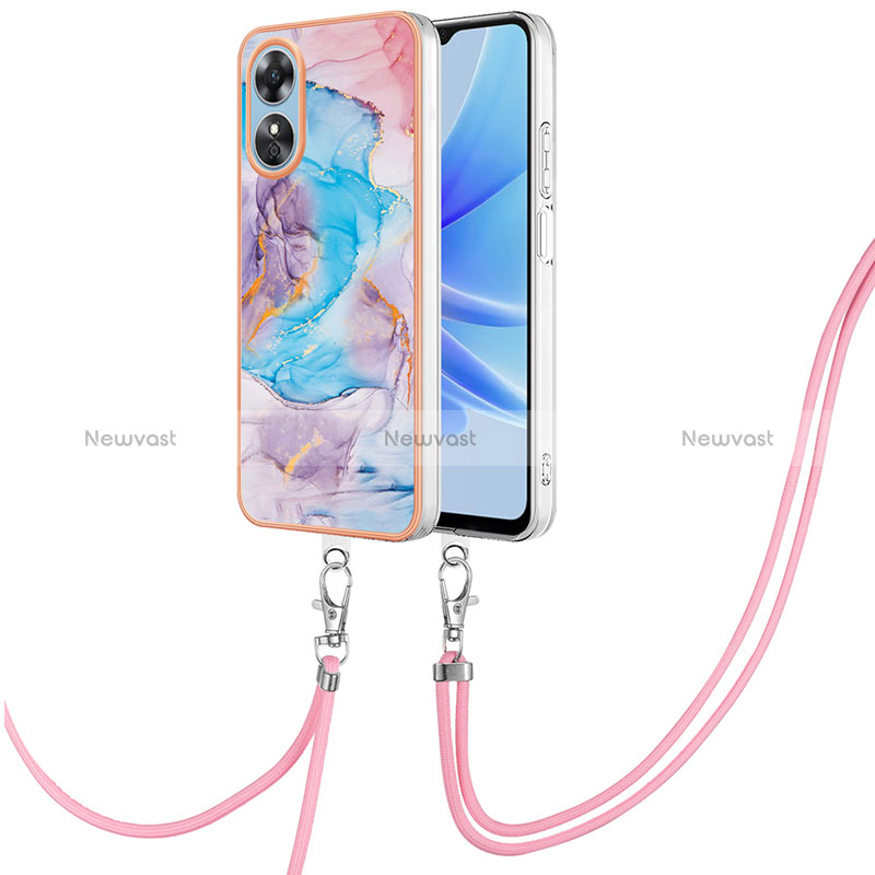 Silicone Candy Rubber Gel Fashionable Pattern Soft Case Cover with Lanyard Strap YB3 for Oppo A17 Blue