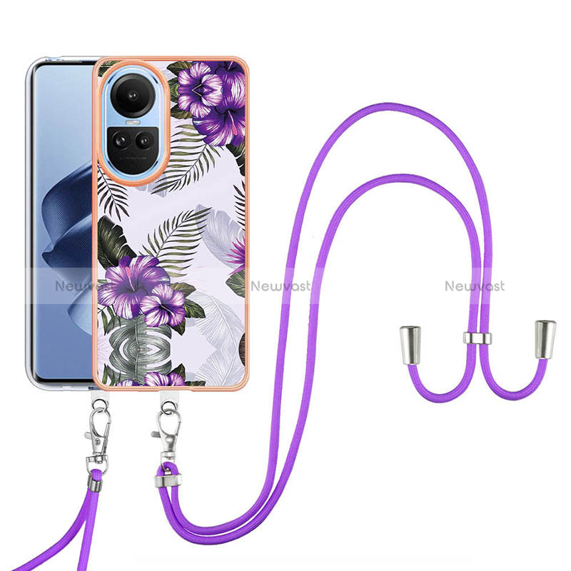 Silicone Candy Rubber Gel Fashionable Pattern Soft Case Cover with Lanyard Strap YB3 for Oppo Reno10 5G Purple