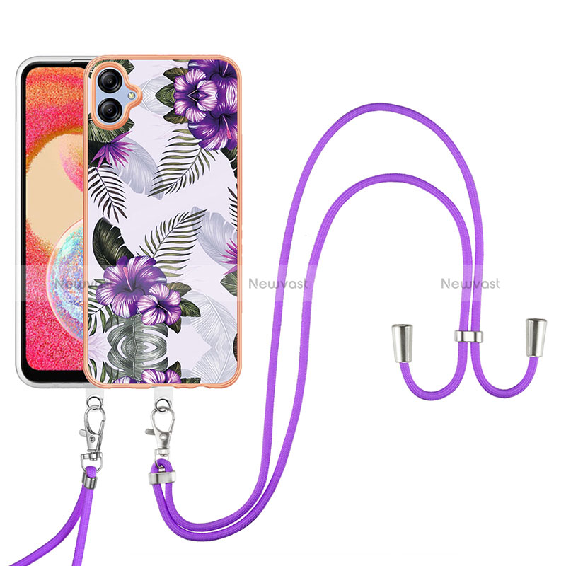 Silicone Candy Rubber Gel Fashionable Pattern Soft Case Cover with Lanyard Strap YB3 for Samsung Galaxy A04 4G Purple