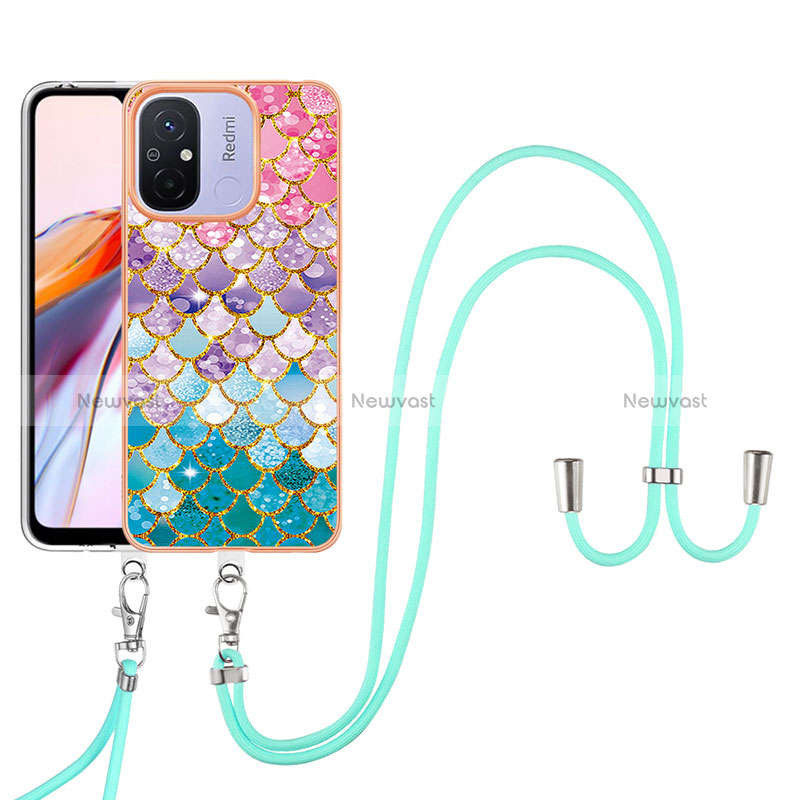 Silicone Candy Rubber Gel Fashionable Pattern Soft Case Cover with Lanyard Strap YB3 for Xiaomi Poco C55 Colorful