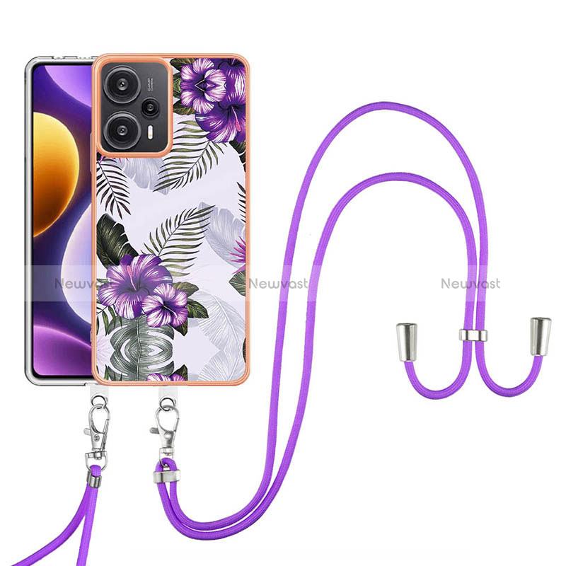 Silicone Candy Rubber Gel Fashionable Pattern Soft Case Cover with Lanyard Strap YB3 for Xiaomi Poco F5 5G Purple