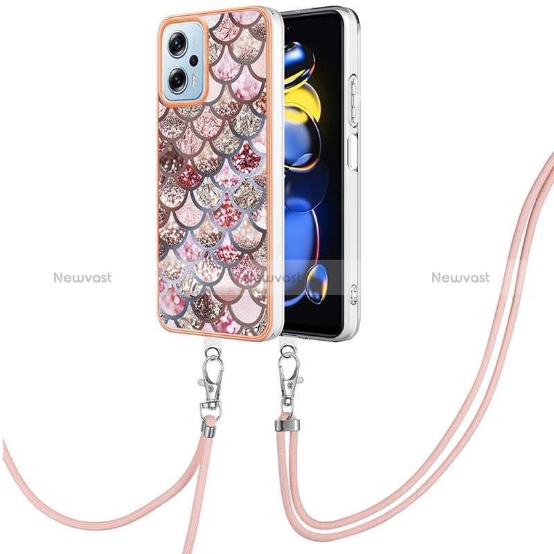 Silicone Candy Rubber Gel Fashionable Pattern Soft Case Cover with Lanyard Strap YB3 for Xiaomi Poco X4 GT 5G Brown