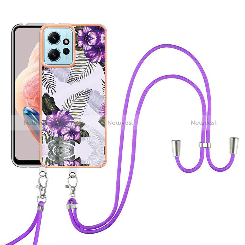 Silicone Candy Rubber Gel Fashionable Pattern Soft Case Cover with Lanyard Strap YB3 for Xiaomi Redmi Note 12 4G Purple