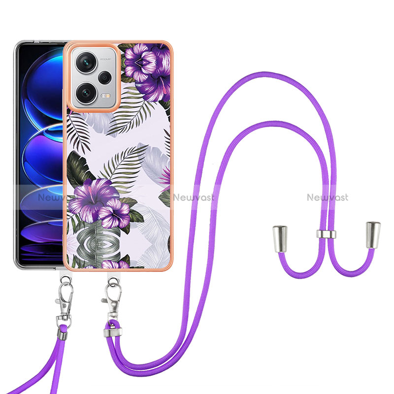 Silicone Candy Rubber Gel Fashionable Pattern Soft Case Cover with Lanyard Strap YB3 for Xiaomi Redmi Note 12 Explorer Purple