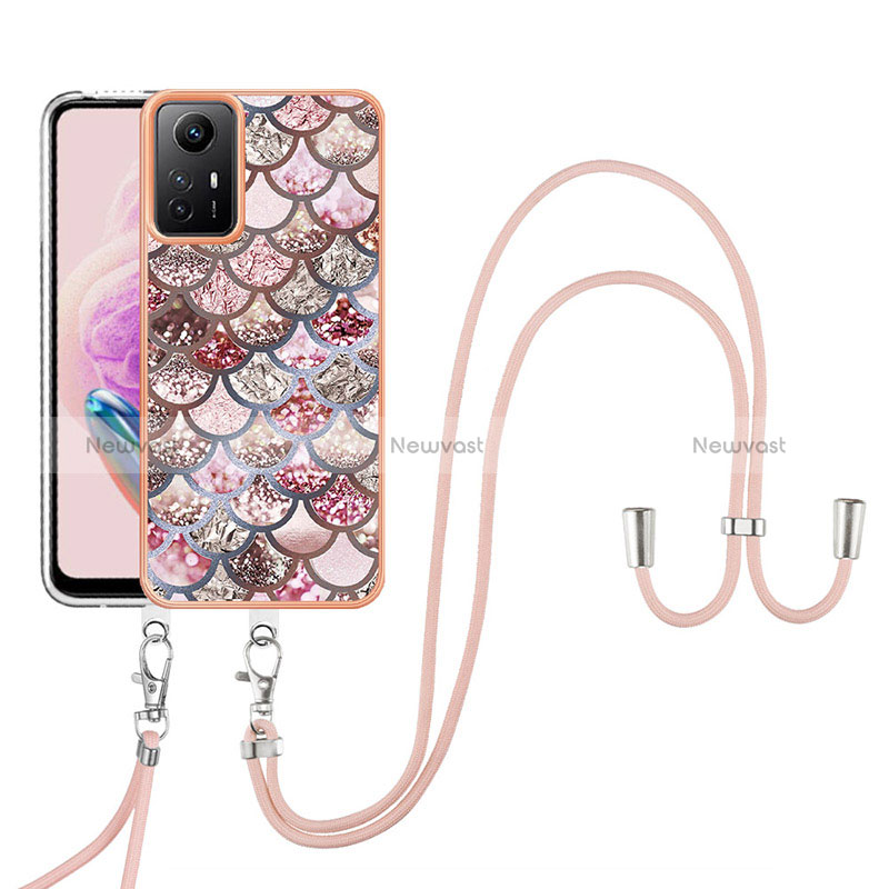 Silicone Candy Rubber Gel Fashionable Pattern Soft Case Cover with Lanyard Strap YB3 for Xiaomi Redmi Note 12S Brown