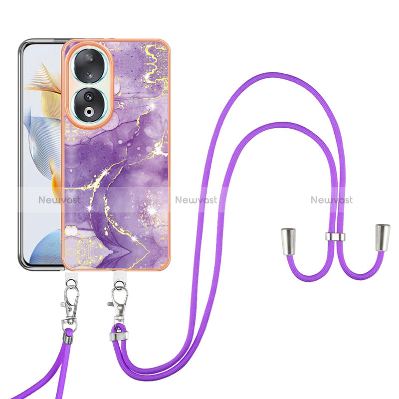 Silicone Candy Rubber Gel Fashionable Pattern Soft Case Cover with Lanyard Strap YB5 for Huawei Honor 90 5G Purple