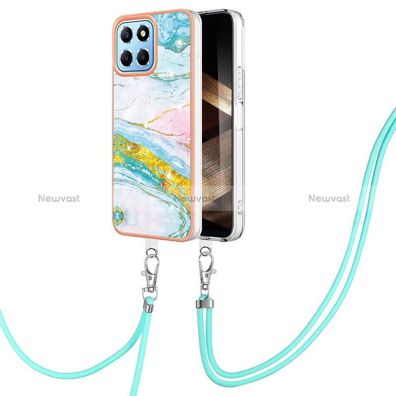 Silicone Candy Rubber Gel Fashionable Pattern Soft Case Cover with Lanyard Strap YB5 for Huawei Honor X8b Colorful