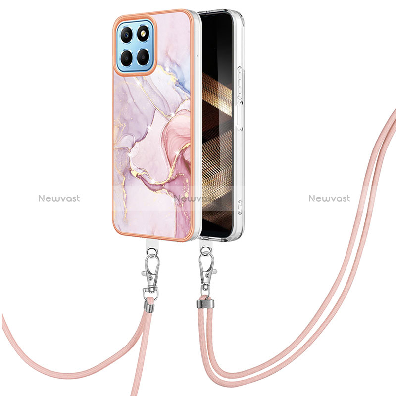 Silicone Candy Rubber Gel Fashionable Pattern Soft Case Cover with Lanyard Strap YB5 for Huawei Honor X8b Pink