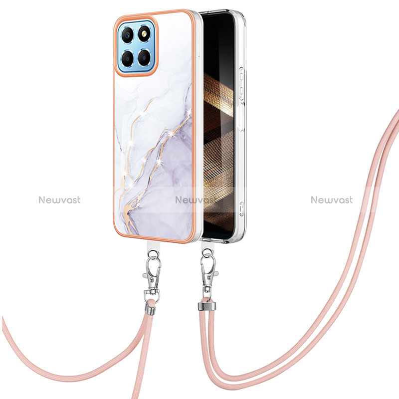 Silicone Candy Rubber Gel Fashionable Pattern Soft Case Cover with Lanyard Strap YB5 for Huawei Honor X8b White