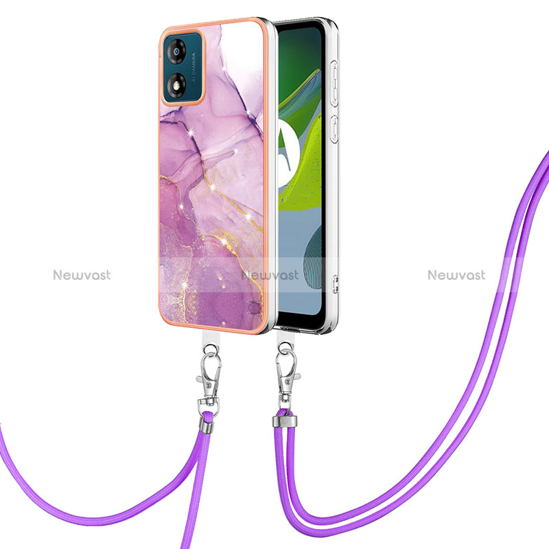 Silicone Candy Rubber Gel Fashionable Pattern Soft Case Cover with Lanyard Strap YB5 for Motorola Moto E13 Clove Purple