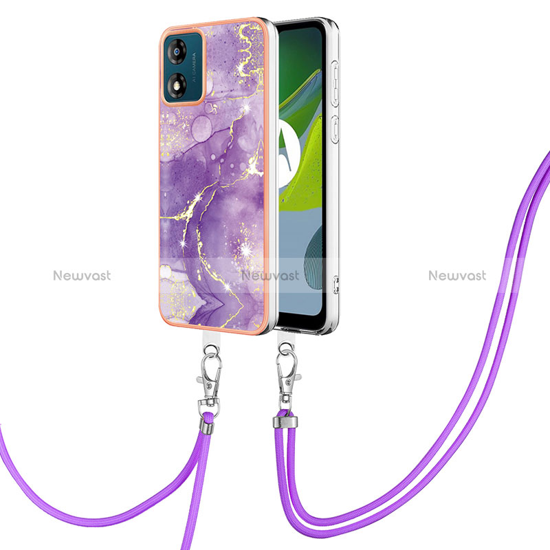 Silicone Candy Rubber Gel Fashionable Pattern Soft Case Cover with Lanyard Strap YB5 for Motorola Moto E13 Purple