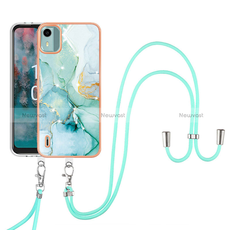 Silicone Candy Rubber Gel Fashionable Pattern Soft Case Cover with Lanyard Strap YB5 for Nokia C12 Plus Green