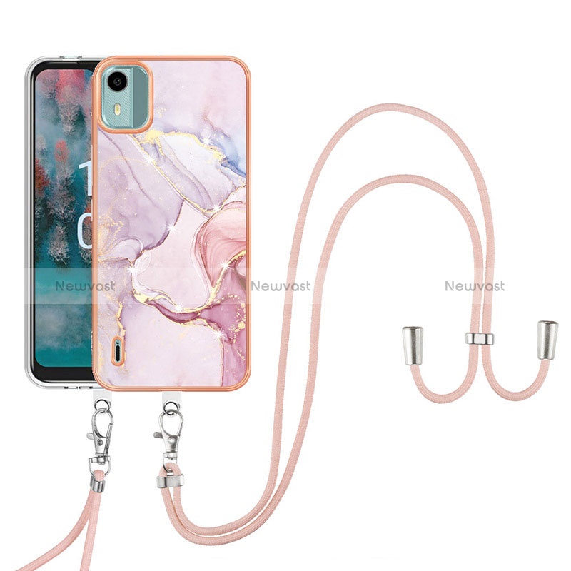 Silicone Candy Rubber Gel Fashionable Pattern Soft Case Cover with Lanyard Strap YB5 for Nokia C12 Plus Pink