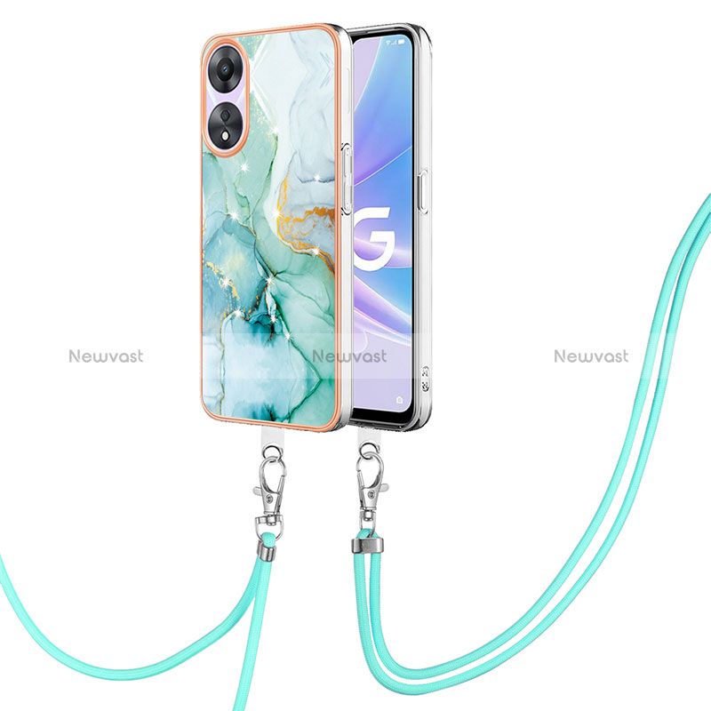 Silicone Candy Rubber Gel Fashionable Pattern Soft Case Cover with Lanyard Strap YB5 for Oppo A58 5G Green