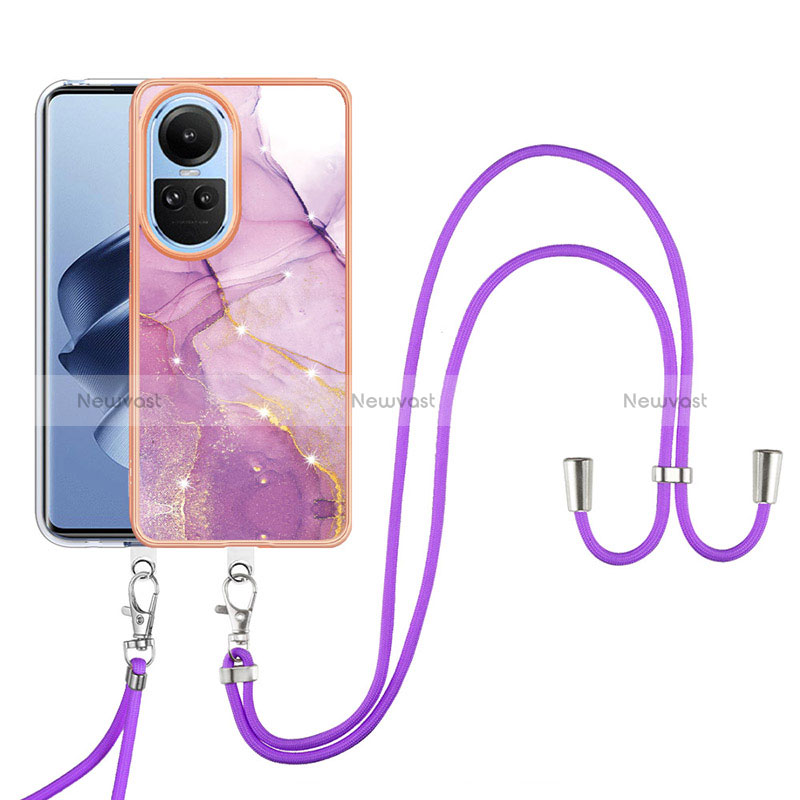 Silicone Candy Rubber Gel Fashionable Pattern Soft Case Cover with Lanyard Strap YB5 for Oppo Reno10 5G Clove Purple