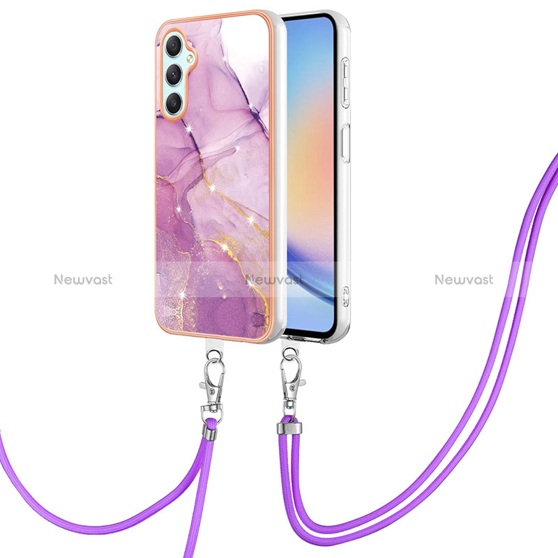 Silicone Candy Rubber Gel Fashionable Pattern Soft Case Cover with Lanyard Strap YB5 for Samsung Galaxy A24 4G Clove Purple