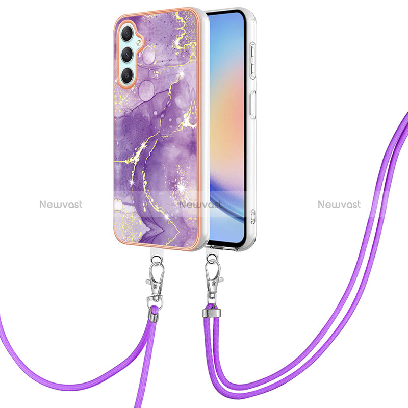 Silicone Candy Rubber Gel Fashionable Pattern Soft Case Cover with Lanyard Strap YB5 for Samsung Galaxy A24 4G Purple