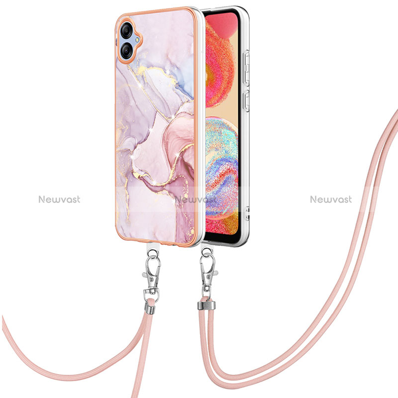 Silicone Candy Rubber Gel Fashionable Pattern Soft Case Cover with Lanyard Strap YB5 for Samsung Galaxy M04 Pink