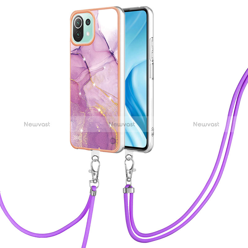 Silicone Candy Rubber Gel Fashionable Pattern Soft Case Cover with Lanyard Strap YB5 for Xiaomi Mi 11 Lite 5G NE Clove Purple