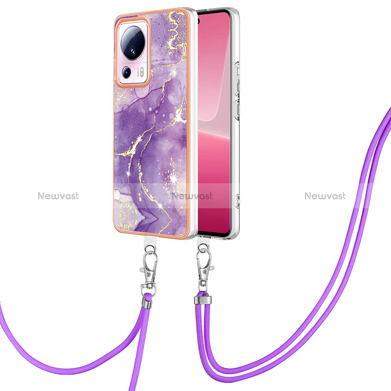 Silicone Candy Rubber Gel Fashionable Pattern Soft Case Cover with Lanyard Strap YB5 for Xiaomi Mi 13 Lite 5G Purple