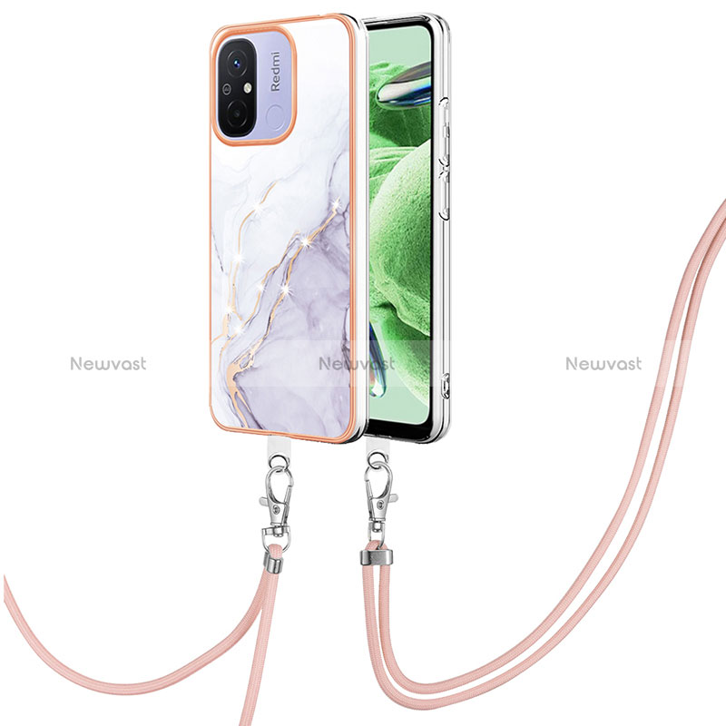 Silicone Candy Rubber Gel Fashionable Pattern Soft Case Cover with Lanyard Strap YB5 for Xiaomi Poco C55 White