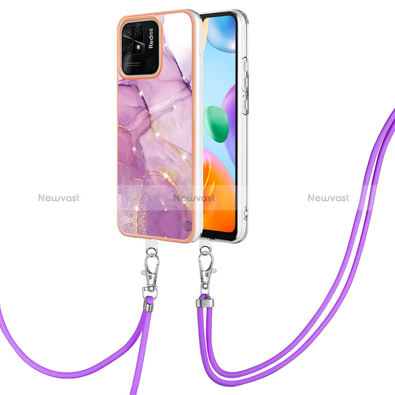 Silicone Candy Rubber Gel Fashionable Pattern Soft Case Cover with Lanyard Strap YB5 for Xiaomi Redmi 10 India Clove Purple