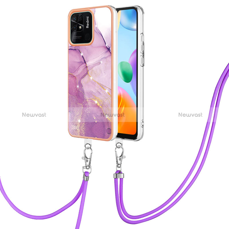 Silicone Candy Rubber Gel Fashionable Pattern Soft Case Cover with Lanyard Strap YB5 for Xiaomi Redmi 10 Power Clove Purple