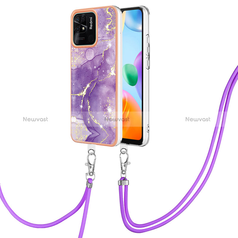 Silicone Candy Rubber Gel Fashionable Pattern Soft Case Cover with Lanyard Strap YB5 for Xiaomi Redmi 10C 4G Purple