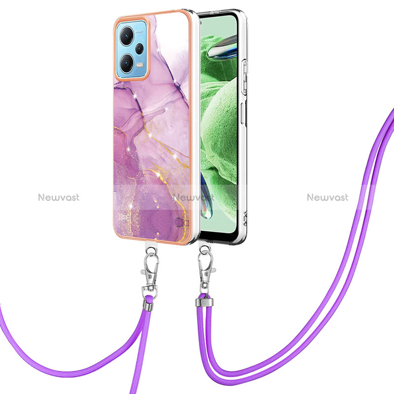 Silicone Candy Rubber Gel Fashionable Pattern Soft Case Cover with Lanyard Strap YB5 for Xiaomi Redmi Note 12 5G Clove Purple