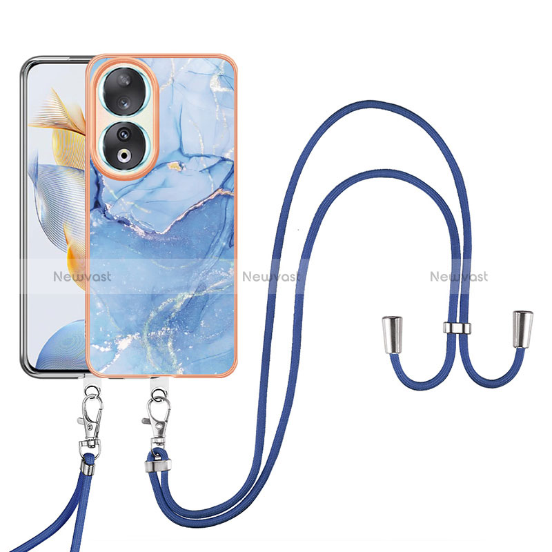 Silicone Candy Rubber Gel Fashionable Pattern Soft Case Cover with Lanyard Strap YB7 for Huawei Honor 90 5G Blue