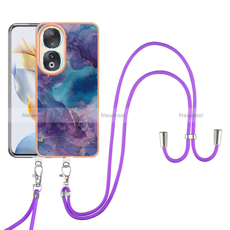 Silicone Candy Rubber Gel Fashionable Pattern Soft Case Cover with Lanyard Strap YB7 for Huawei Honor 90 5G Purple