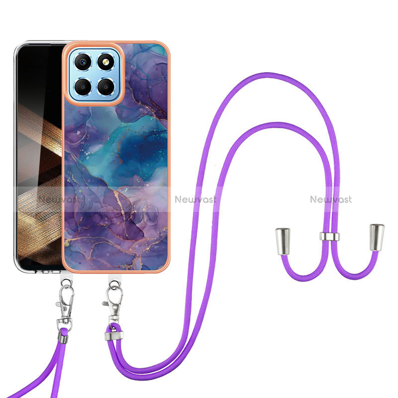 Silicone Candy Rubber Gel Fashionable Pattern Soft Case Cover with Lanyard Strap YB7 for Huawei Honor X8b Purple