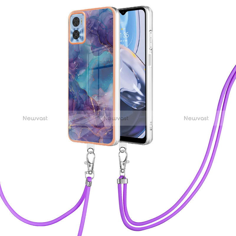 Silicone Candy Rubber Gel Fashionable Pattern Soft Case Cover with Lanyard Strap YB7 for Motorola Moto E22 Purple