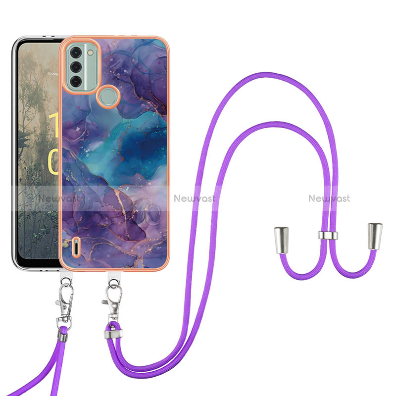 Silicone Candy Rubber Gel Fashionable Pattern Soft Case Cover with Lanyard Strap YB7 for Nokia C31 Purple