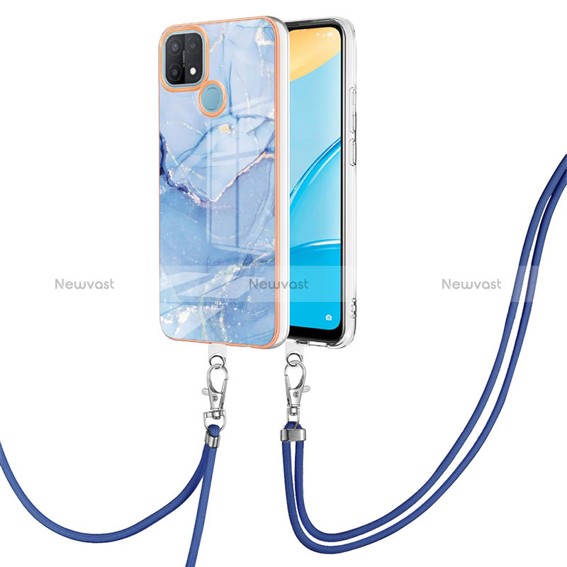 Silicone Candy Rubber Gel Fashionable Pattern Soft Case Cover with Lanyard Strap YB7 for Oppo A35 Blue