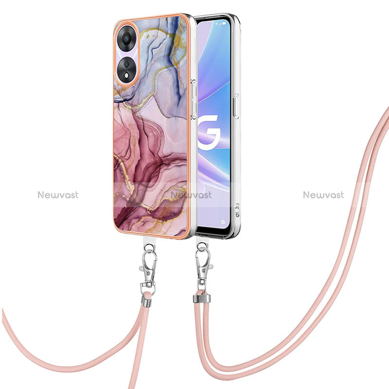 Silicone Candy Rubber Gel Fashionable Pattern Soft Case Cover with Lanyard Strap YB7 for Oppo A58 5G Clove Purple
